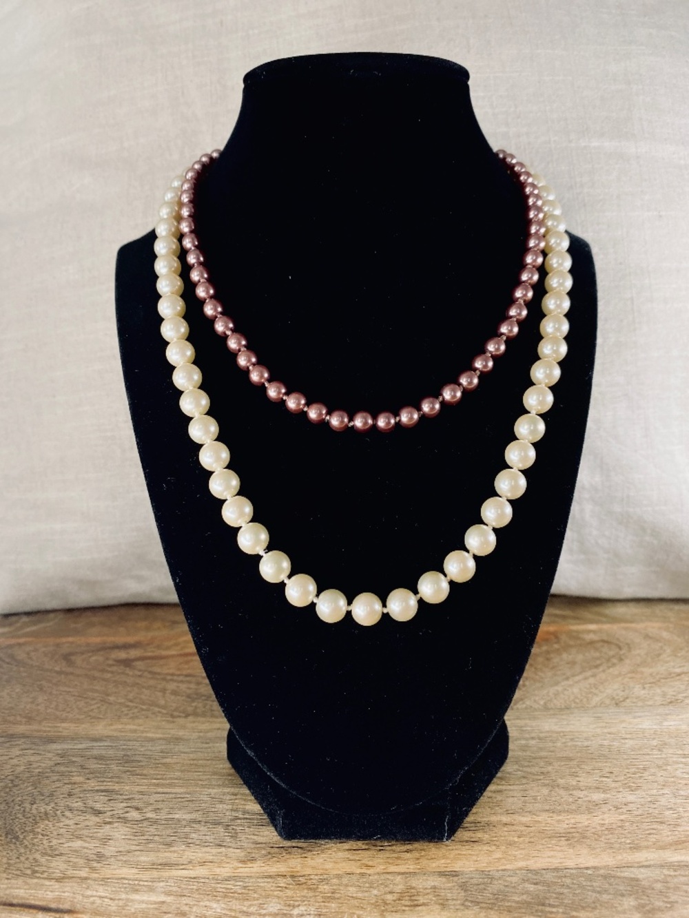 Vintage Faux Pearl Necklace Lot Cream & Mauve Dusty Purple Pink Gold Tone Clasps